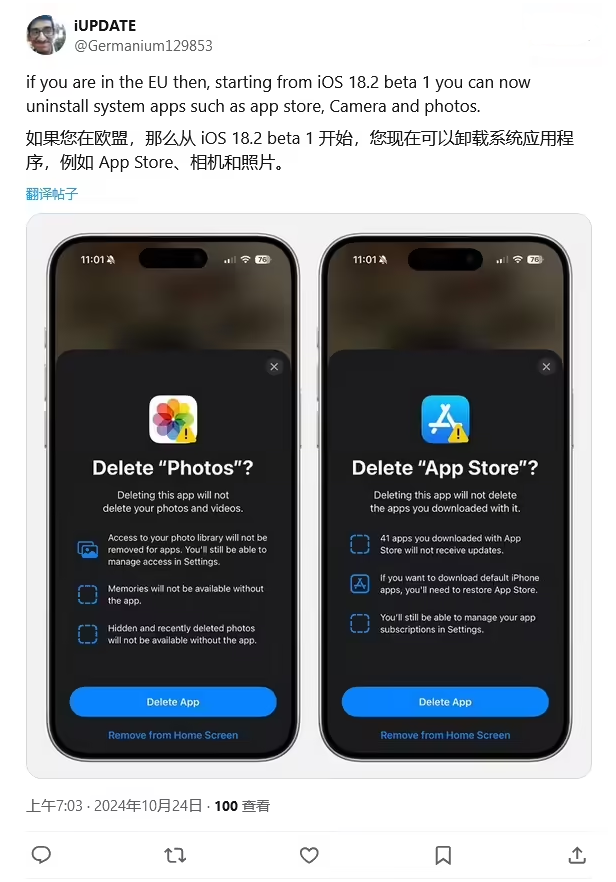 南宝镇苹果手机维修分享iOS 18.2 支持删除 App Store 应用商店 