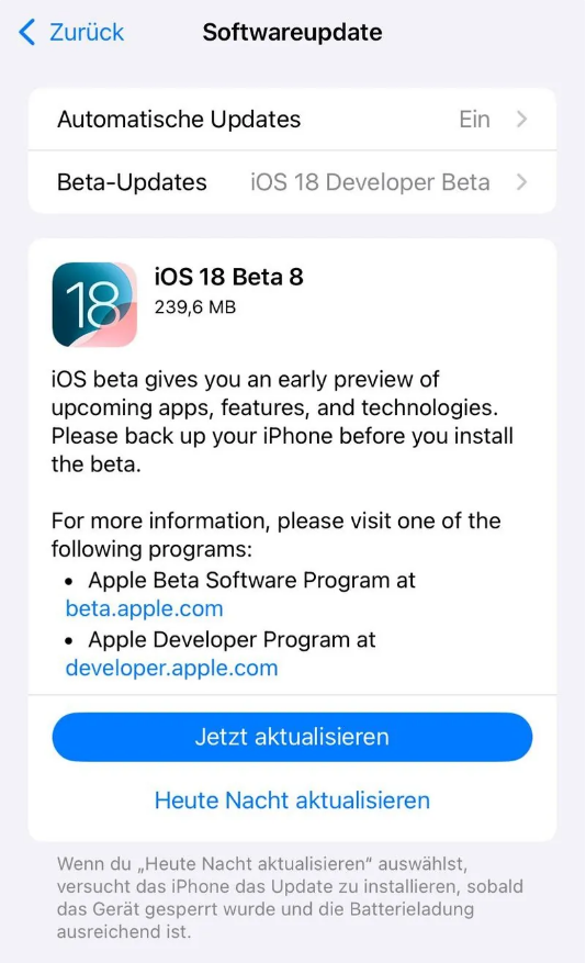 南宝镇苹果手机维修分享苹果 iOS / iPadOS 18 开发者预览版 Beta 8 发布 